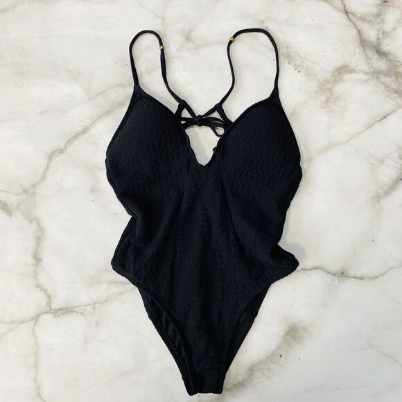 Lucky Brand Black Plunging Strappy Back One Piece Swimsuit XS Shoreline Chic New - Picture 3 of 7